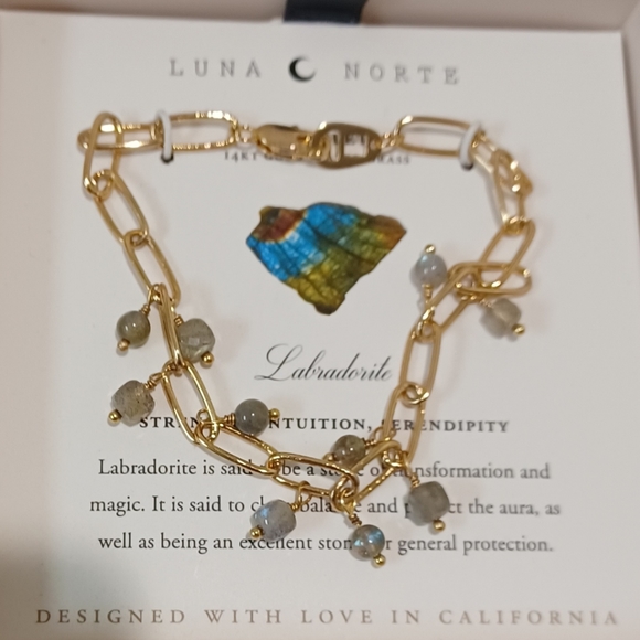 LUNA NORTE 14KT GOLD PLATED BRASS LABRADORITE GEMSTONES DANGLE CHAIN BRACELETCo - Picture 4 of 6